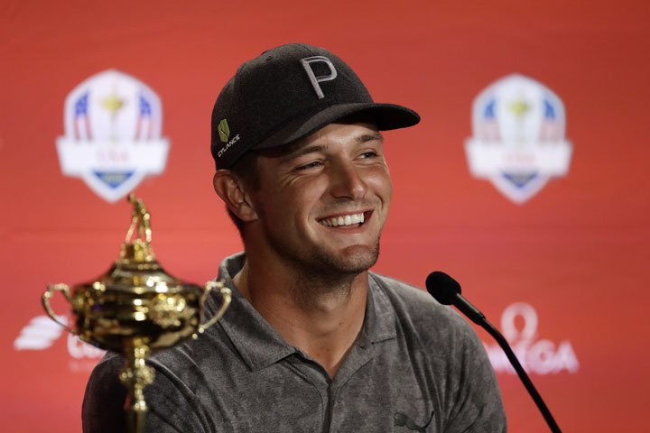 Bryson DeChambeau smiles during a news conference where he was announced as a captain's pick to the 2018 U.S. Ryder Cup Team in West Conshohocken, Pa on Tuesday.