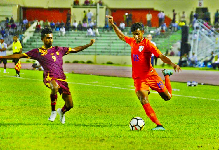 An action from the match of the SAFF Suzuki Cup Championship between India and Sri Lanka at the Bangabandhu National Stadium on Wednesday. India won the match 2-0.