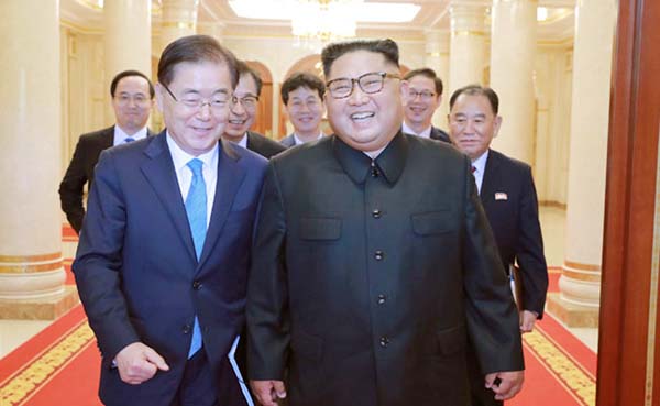 Chief of the national security office at Seoul's presidential Blue House Chung Eui-yong meets with North Korean leader Kim Jong Un in Pyongyang, North Korea on Wednesday.