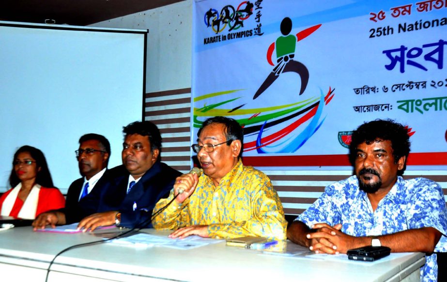 General Secretary of Bangladesh Karate Federation Kyaw Shwe Hla speaking at a press conference at the conference room in National Sports Council on Thursday.