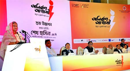 Prime Minister Sheikh Hasina speaking at the inauguration ceremony of Power and Energy Week in the city's Basundhara International Convention Center on Thursday. BSS photo