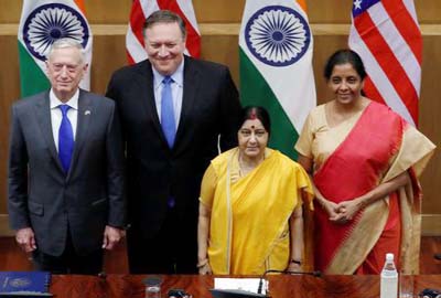 US Secretary of State Mike Pompeo, US Secretary of Defence James Mattis, India's Foreign Minister Sushma Swaraj and India's Defence Minister Nirmala Sitharaman pose after a joint news conference after a meeting in New Delhi on Thursday.