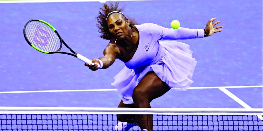 Serena Williams returns a shot to Anastasija Sevastova of Latvia, during the semifinals of the US Open tennis tournament in New York on Thursday.