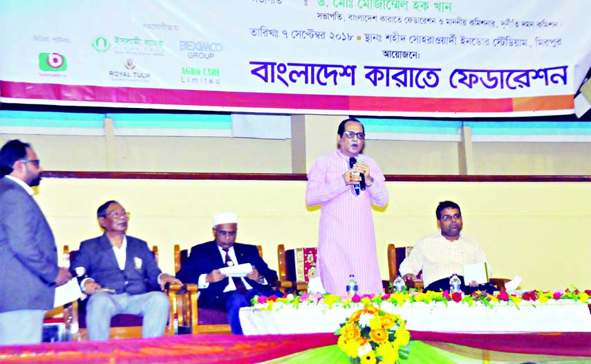 State Minister for Youth and Sports Dr Biren Sikder speaking at the inaugural ceremony of the 25th National Karate Competition at the Shaheed Suhrawardy Indoor Stadium in the city's Mirpur on Friday.