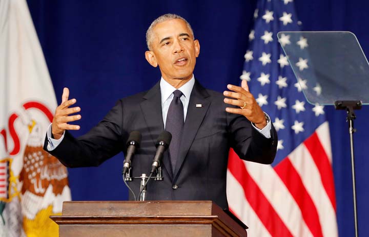 Former U.S. President Barack Obama speaks at the University of Illinois Urbana-Champaign in Urbana, Illinois, US on Friday.