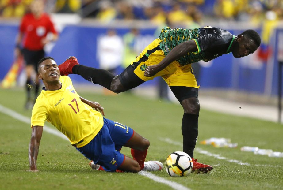 Ecuador's Ayrton Preciado (17) works against Jamaica's Ladal Richie for the ball during an international friendly soccer match on Friday in Harrison, N.J.