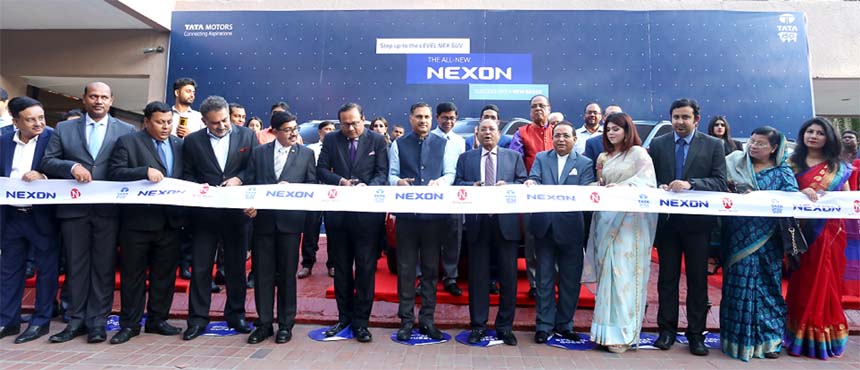 Commerce Minister Tofail Ahmed, attends the launching programme of "TATA NEXON" a latest car brand of TATA Motors at a hotel in the city recently. Abdul Matlub Ahmad, Chairman, Nitol-Niloy Group, Sujan Roy, Business Head of TATA Motors International an