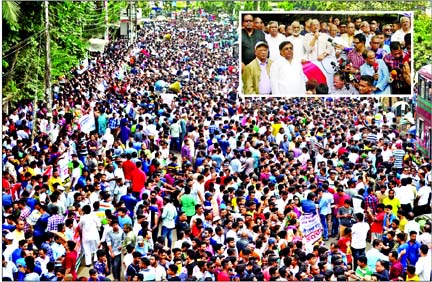 BNP Secretary General Mirza Fakhrul Islam Alamgir addressing a huge human chain programme in front of the Jatiya Press Club on Monday demanding better treatment and early unconditional release of party Chairperson Begum Khaleda Zia.