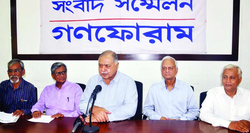 Ganoforum President Dr Kamal Hossain speaking at a prÃ¨ss conference organised by Ganoforum at the Jatiya Press Club on Tuesday.