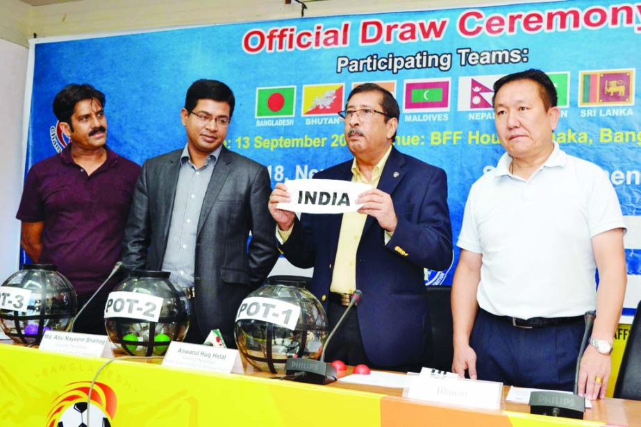 General Secretary of South Asian Football Federation (SAFF) Anwarul Haq Helal conducts the draw ceremonies of SAFF Under-15 Men's Championship and SAFF Under-15 Women's Championship, at the conference room in Bangladesh Football Federation on Thursday.