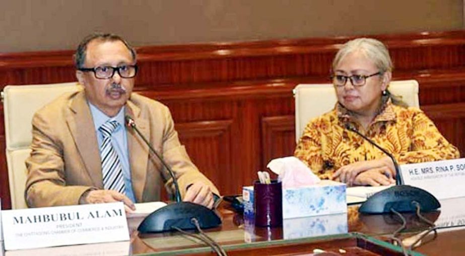 Mahbubul Alam, President, Chattogram Chamber of Commerce and Industry speaking at a view exchange meeting with Indonesian High Commissioner Rina Soemarno at World Trade Centre on Wednesday.