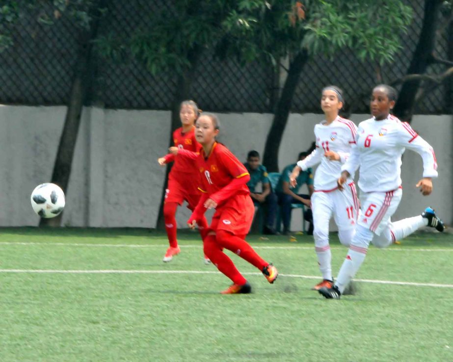 A scene from the match of the AFC Under-16 Women's Championship Qualifiers between Vietnam Under-16 Women's team and United Arab Emirates Under-16 Women's team at the Bir Shreshtha Shaheed Sepoy Mohammad Mostafa Kamal Stadium in the city's Kamalapur o