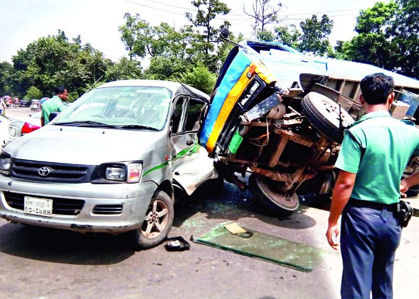 At least two people including a driver were seriously injured in road accident between a private car and a covered van in city's Sher-e-Bangla Nagar area (near Bangabandhu International Conference Centre) on Sunday.