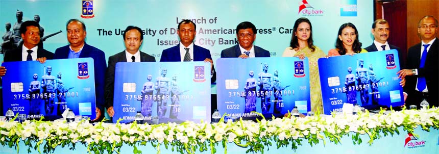 City Bank Limited launches Dhaka University American Express Card at a ceremony in the University on Monday. Mohammed Shoeb, Chairman of the Bank along with Tabassum Kaiser, Vice-Chairperson, Aziz Al Kaiser, former Chairman and Director, Sohail R K Hussai