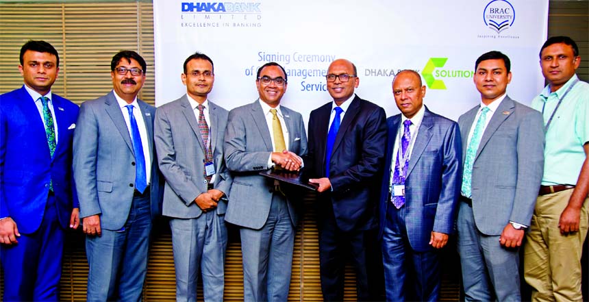 Syed Mahbubur Rahman, Managing Director of Dhaka Bank Limited and Shib Narayan Kairy, Acting Vice Chancellor of BRAC University, exchanging an agreement signing documents on the University campus in the city recently. Under the deal, the Bank will provide