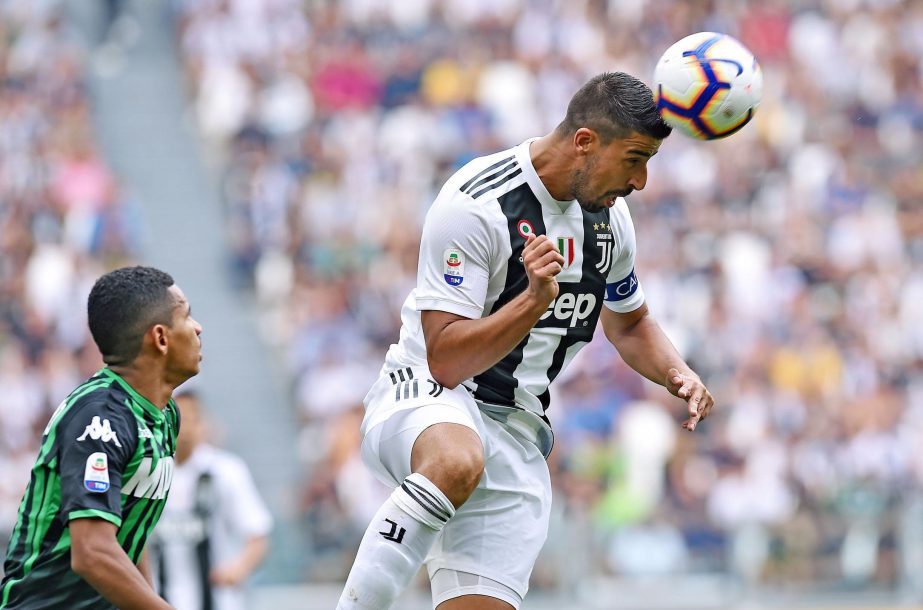 Juventus' Sami Khedira heads the ball during a Serie A soccer match between Juventus and Sassuolo, at the Allianz Stadium in Turin, Italy on Sunday.