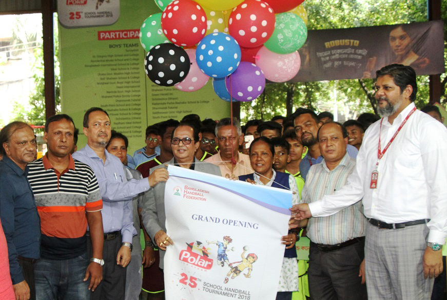 State Minister for Youth and Sports Dr Biren Sikder inaugurating the Polar Ice Cream 25th School Handball (Boys' & Girls") Tournament by releasing the balloons as the chief guest at the Shaheed (Captain) M Mansur Ali National Handball Stadium on Thursda"