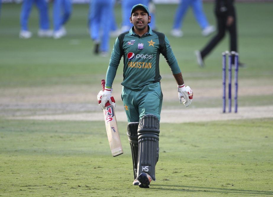 Pakistan's captain Sarfraz Ahmed reacts as he leaves the ground after being dismissed during the one day international cricket match of Asia Cup between India and Pakistan in Dubai, United Arab Emirates on Wednesday.