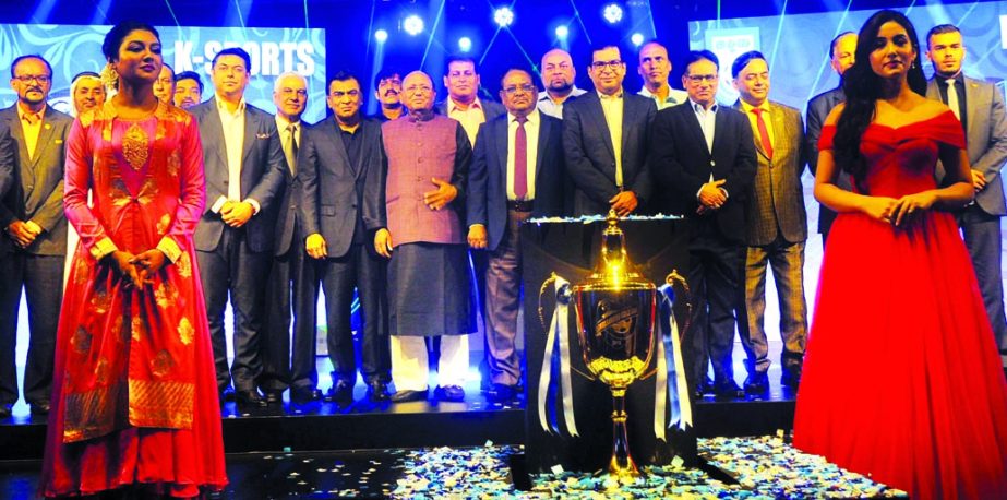 Minister for Commerce Tofail Ahmed, the chief guest and the officials and guests of Bangladesh Football Federation pose for photograph after the trophy unveiling of Bangabandhu Gold Cup International Football Tournament, at the Pan Pacific Sonargaon Hotel