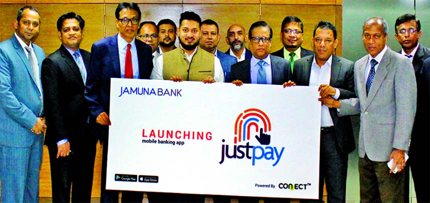 Jamuna Bank Ltd launches its mobile app "justpay" at its head office recently. Redwan ul Karim Ansari, Director and Shafiqul Alam, Managing Director, Additional Managing Director, Mirza Ilias Uddin Ahmed, Deputy Managing Director A. K. M. Saifuddin Aham