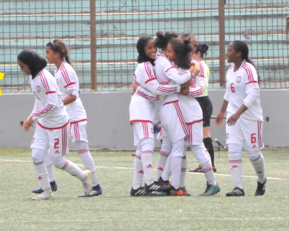 Players of United Arab Emirates Under-16 Women's Football team celebrating after beating Bahrain Under-16 Women's Football team by one goal to nil in their match of the AFC Under-16 Women's Qualifiers at the Bir Shreshtha Shaheed Sepoy Mohammad Mostafa