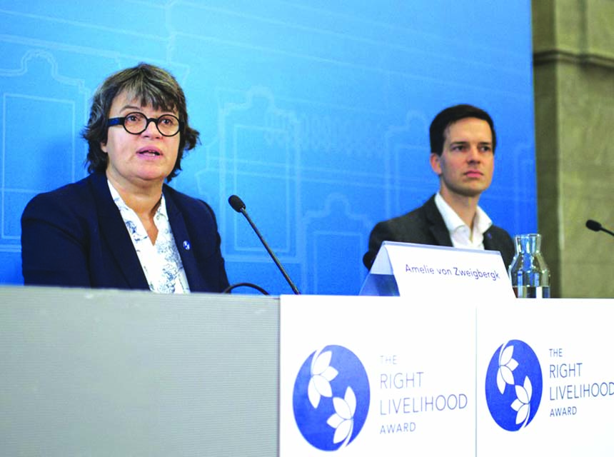 Right Livelihood award Chairman Amelie von Zweigbergk, left, and Executive director Ole von Uexkull, announce the Right Livelihood Award laureates during a press conference in Stockholm, Sweden, on Monday.