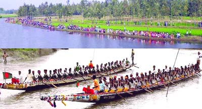 LALMONIRHAT: Hundreds of people enjoying traditional boat race competition at Motahat Hossain Bazar Point in Saniyazan River at Patgram Upazila on Sunday.