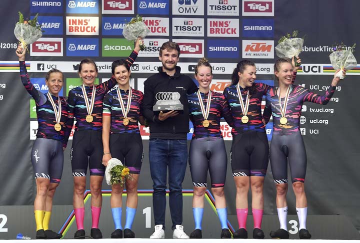 Thew members of the gold medal team Canyon SRAM Racing from Germany pose during the medal ceremony for the UCI Cycling Road World Championships women's team time trial in Innsbruck, Austria on Sunday.