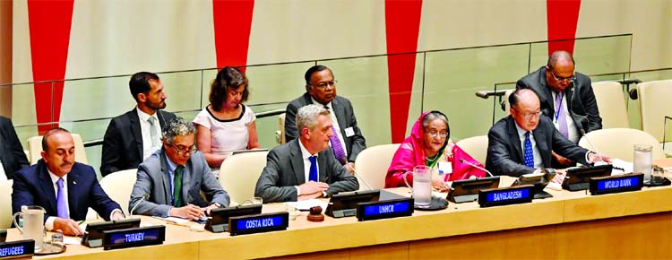 Prime Minister Sheikh Hasina speaking at the 'high-level event on the Global Compact on Refugees: A Model for Greater Solidarity and Cooperation' held at the UN headquarters with UN Secretary General Antonio Guterres in the chair on Monday.