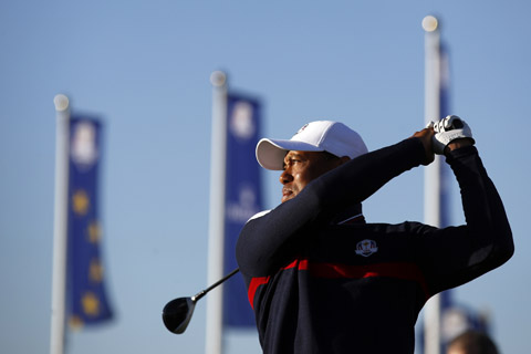 Tiger Woods of the US on the practice range at Le Golf National in Guyancourt, outside Paris, France, Tuesday on Tuesday. The 42nd Ryder Cup will be held in France from Sept. 28-30 at Le Golf National.