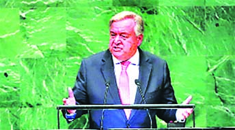 United Nations Secretary General Antonio Guterres addresses the 73rd session of the United Nations General Assembly on Tuesdayat UN headquarters. AP