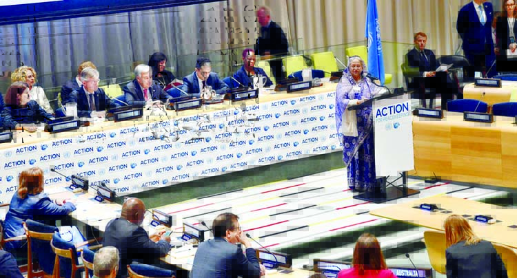 Prime Minister Sheikh Hasina addressing at a high-level event for 'action for peace keeping (A4P)' at the initiative of the UN Secretary General Antonio Guterres that held at Trusteeship Council Chamber of the UN Headquarters on Tuesday. PID photo