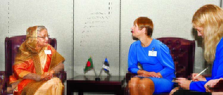 Estonia President Ms. Kersti Kaljulaid paid a courtesy call on Prime Minister Sheikh Hasina at the UN Headquarters in New York on Wednesday. BSS photo