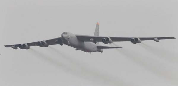 A US Air Force B-52 bomber flies over Osan Air Base in Pyeongtaek, South Korea. China has labeled a recent mission by nuclear-capable U.S. B-52 bombers over the disputed South China Sea as provocative.