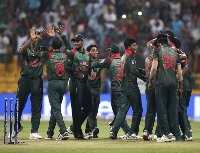 Bangladesh players celebrate their win over Pakistan during the Asia Cup 2018 super four match in Abu Dhabi on Wednesday.