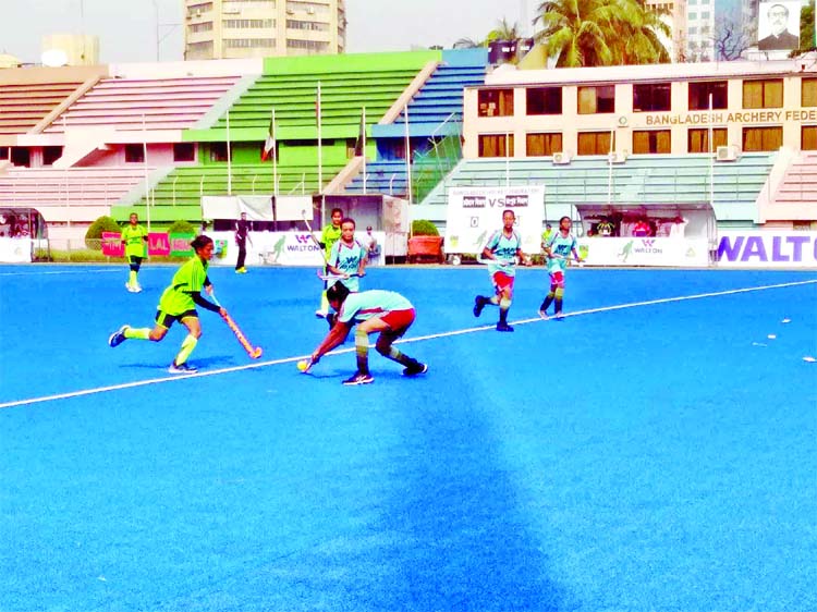 A scene from the Walton 4th National Women's Hockey Competition held at the Maulana Bhashani National Hockey Stadium on Friday.