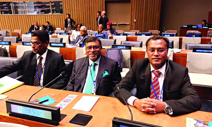 State Minister for Health Zahid Malek speaking at a high level meeting on 'Fight for Eradicating Tuberculosis' at UNGA session in New York on Wednesday. Health Secretary Sirajul Haque Khan, among others, were also present on the occasion.