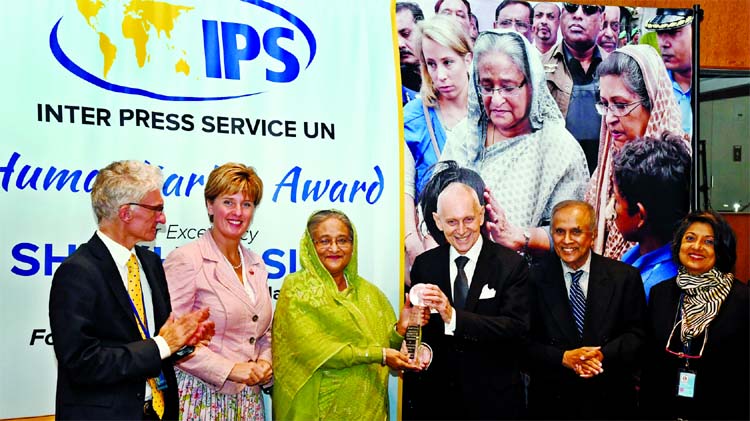 Prime Minister Sheikh Hasina receives- Inter Press Service (IPS) International Achievement Award for her humanitarian and responsible policy over Rohingya issue at a function held at UN Headquarters on Thursday.