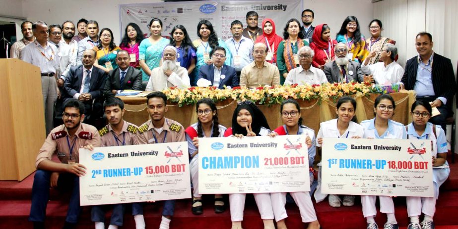 Iqbal Sobhan Chowdhury, Media Adviser to the Prime Minister is seen as chief guest with the winning teams of an English aptitude contest held at Eastern University on Wednesday.