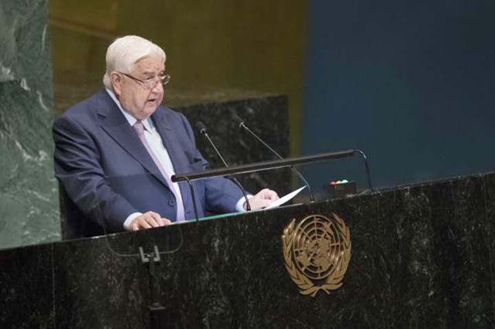 Syrian Deputy Prime Minister Walid al-Moallem addresses the 73rd session of the United Nations General Assembly on Saturday at U.N. headquarters.