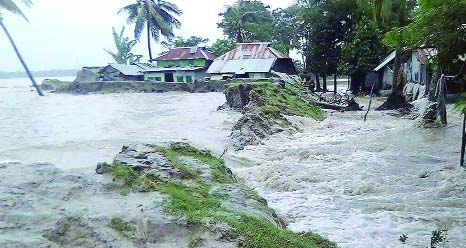 KALAPARA (Patuakhlai): Rabnabad River erosion has taken a serious turn at Kalapara and Rangabali Upazila engulfing dwelling houses and crop lands. This snap was taken from Kalapara Upazila yesterday.