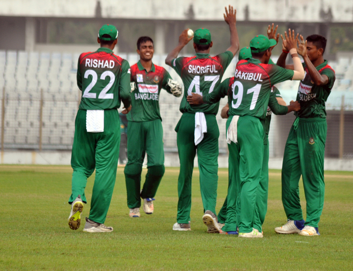 Players of Bangladesh Under-19 Cricket team celebrating after dismissal of a wicket of Pakistan Under-19 Cricket team in their group-B match of the ACC Asia Cup at MA Aziz Stadium in Chattogram on Monday.