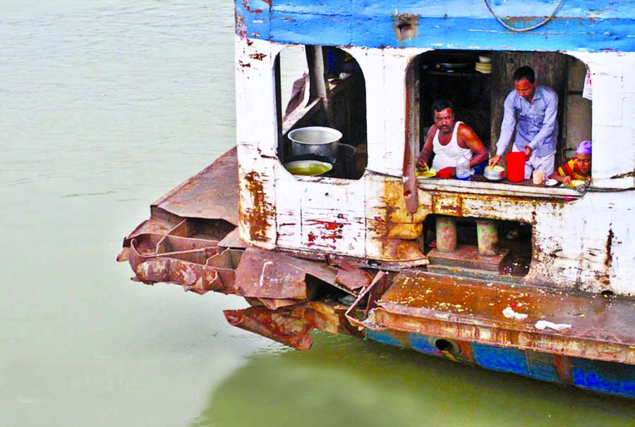 Unfit and unauthorized launch still plying despite curbs on their movement on waterways risking major accident. This photo was taken from Sadarghat terminal on Monday.