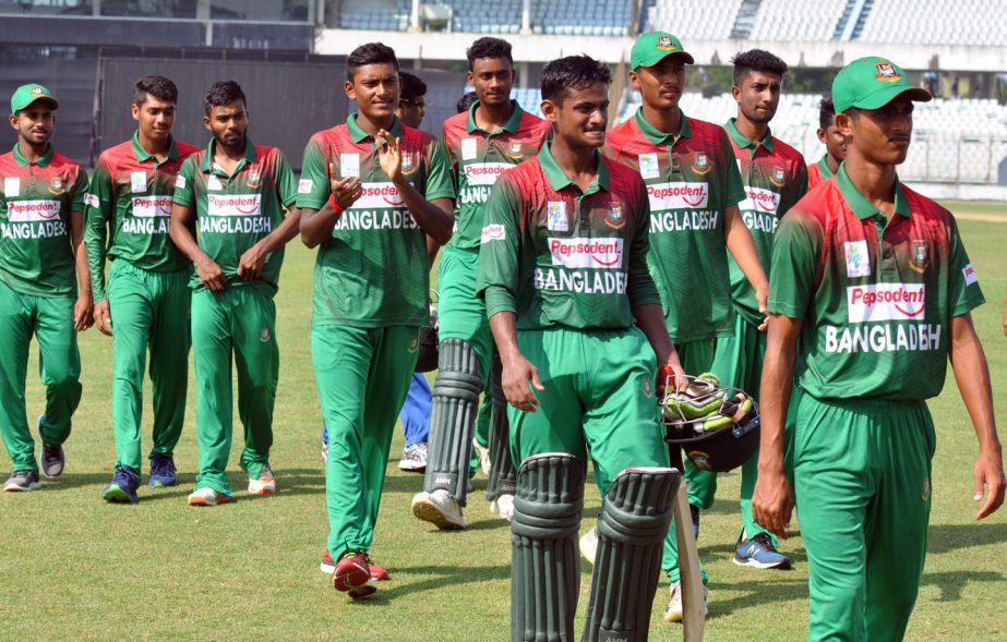 Players of Bangladesh Under-19 Cricket team coming out from the field after beating Hong Kong Under-19 Cricket team by five wickets in their Group-B match of the ACC U-19 Asia Cup at the Zahur Ahmed Chowdhury Stadium in Chattogram on Tuesday.