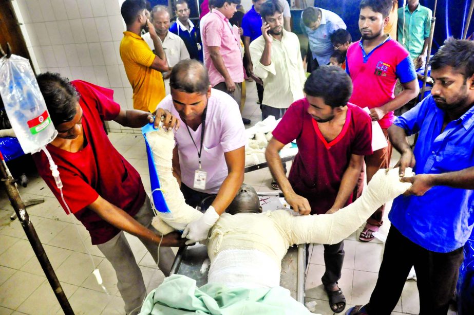 At least two workers of Gazipur National Fan Factory were killed and 40 others injured in blast at heat chamber of the factory. This picture was taken from Dhaka Medical College Hospital Burn Unit on Tuesday.