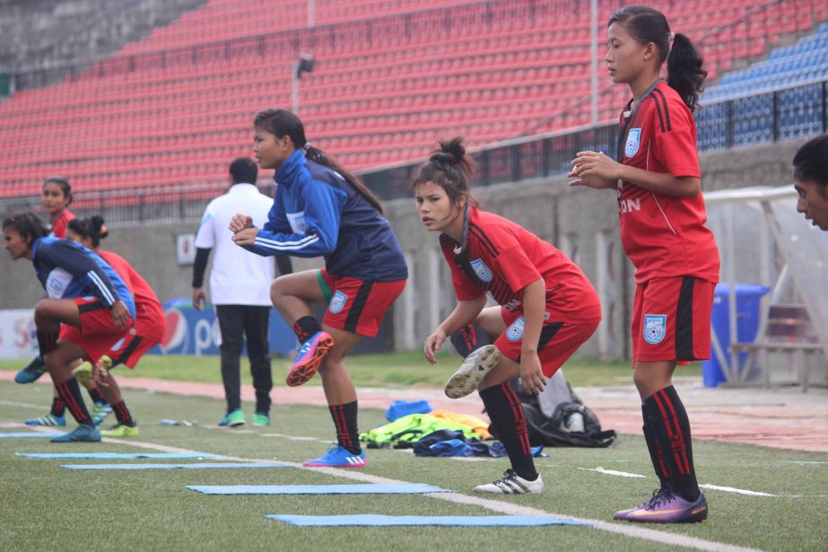 Members of Bangladesh Under-18 National Women's Football team during their practice session at Thimphu, the capital city of Bhutan on Thursday.