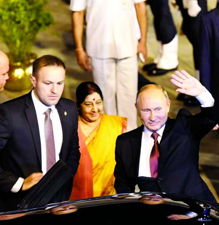 Russian President Vladimir Putin on his arrival in New Delhi on Thursday. He was received by External Affairs Minister Sushma Swaraj.