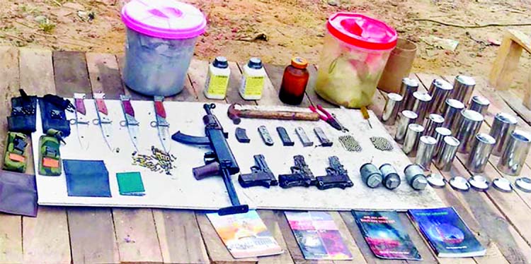 Two bodies of suspected militants, one AK-40 Rifle, three pistols and bomb-making materials were recovered by RAB-7 from an alleged militants hide-out in Sonapahar of Zorarganj area in Mirsarai upazila under Chattogram on Friday.