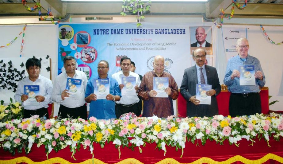 Finance Minister Abul Maal Abdul Muhith is seen at a seminar entitled 'The Economic Development of Bangladesh: Achievements and Potentialities' held at NDUB auditorium in the city on Wednesday.