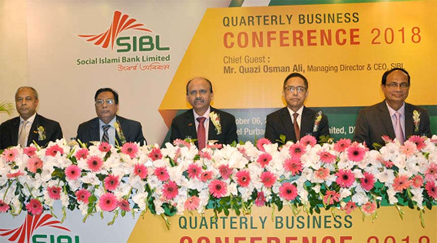 Quazi Osman Ali, Managing Director of Social Islami Bank Limited (SIBL), presiding over a day-long Business Conference-2018 at a hotel in the city on Saturday. Ihsanul Aziz, Kazi Towhidul Alam, AMDs, Abu Naser Chowdhury and Md. Sirajul Hoque, DMDs of the